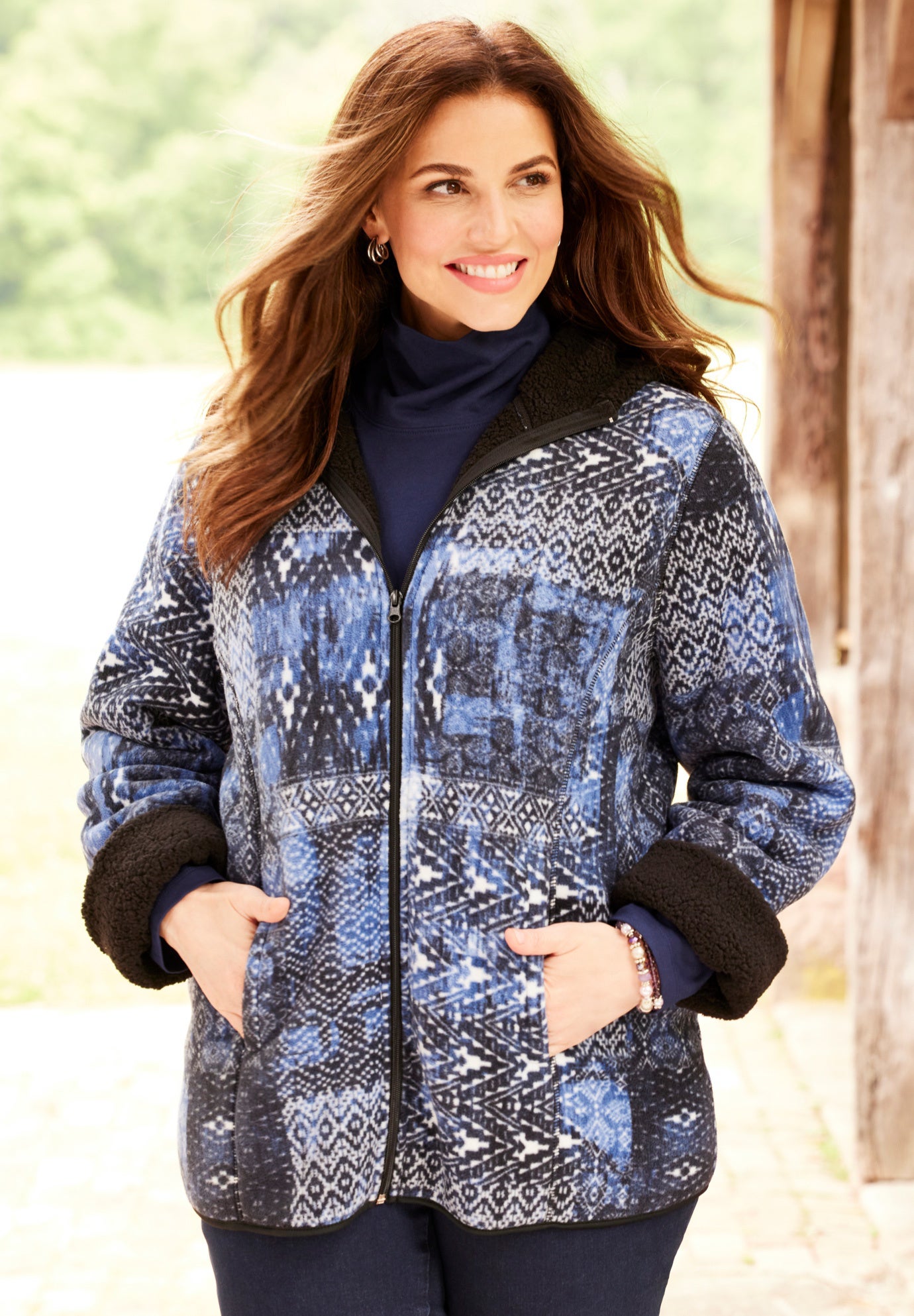 Printed Fleece Coat with Sherpa Lining image number 5