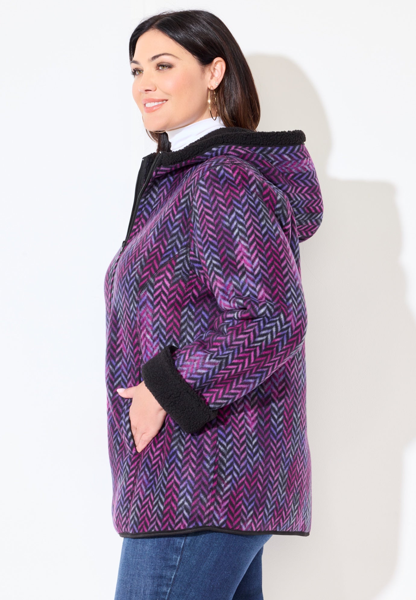 Printed Fleece Coat with Sherpa Lining image number 2