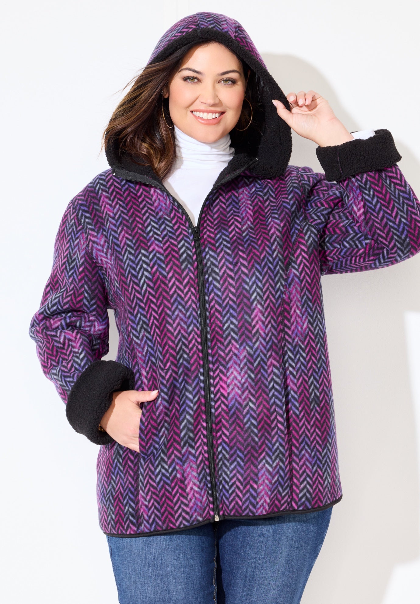 Printed Fleece Coat with Sherpa Lining image number 3