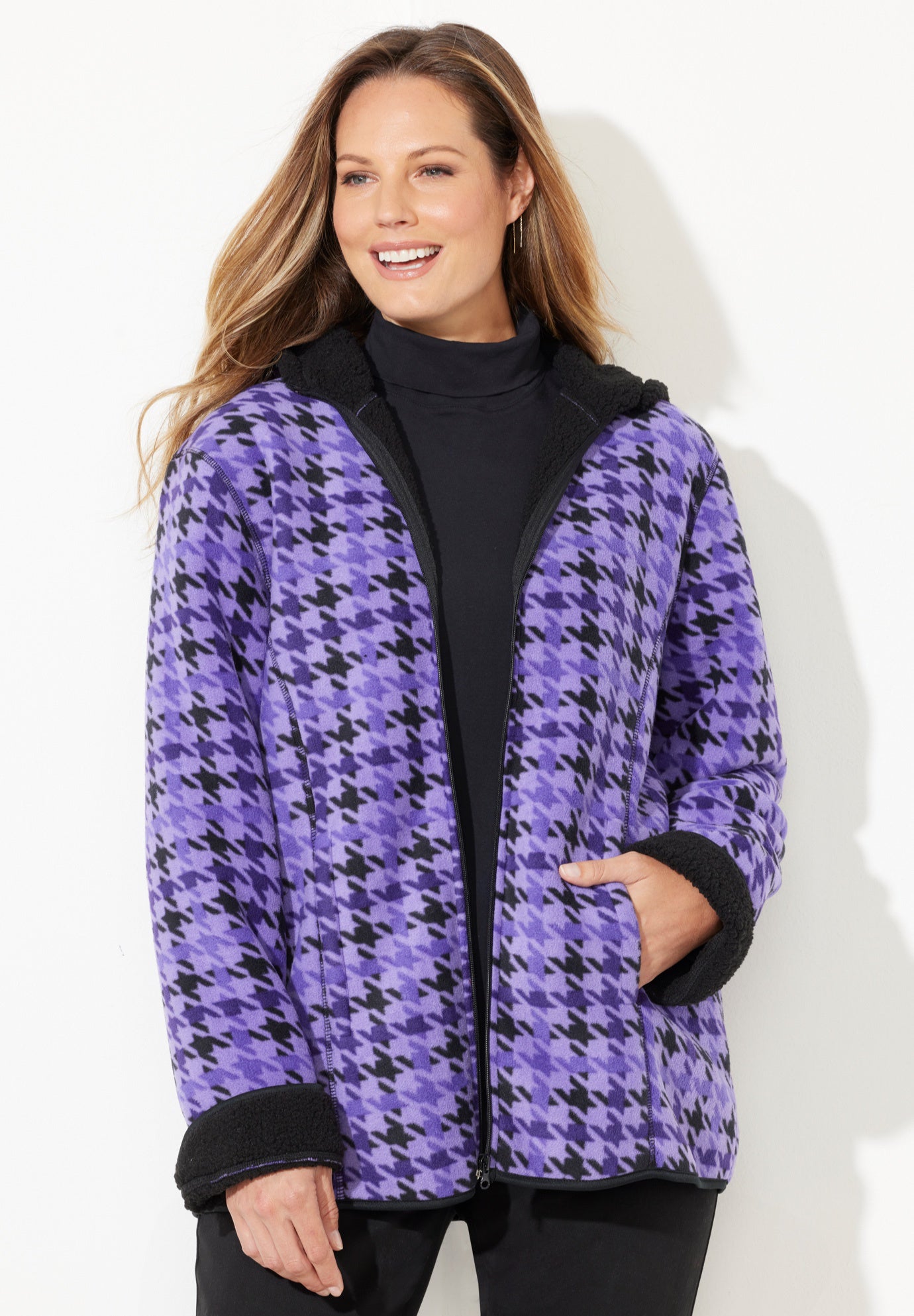 Printed Fleece Coat with Sherpa Lining image number 0