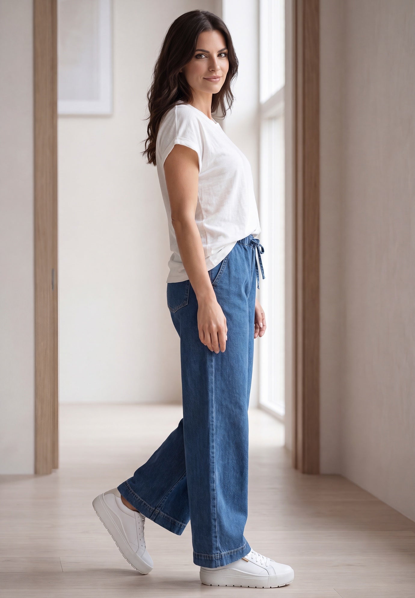 Elastic Waist With Drawstring Wide Leg Jeans image number 2