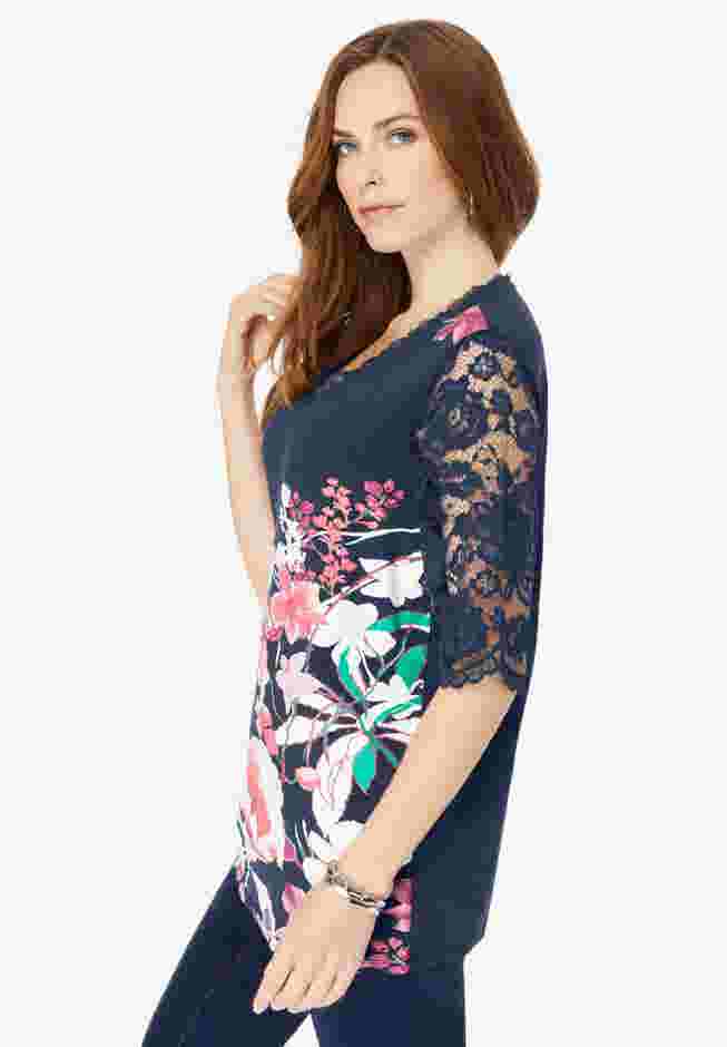 Ultra Drape V Neck Lace Print Tee image number 1