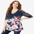 Plus Size Lace Sleeve Printed Tee image number null