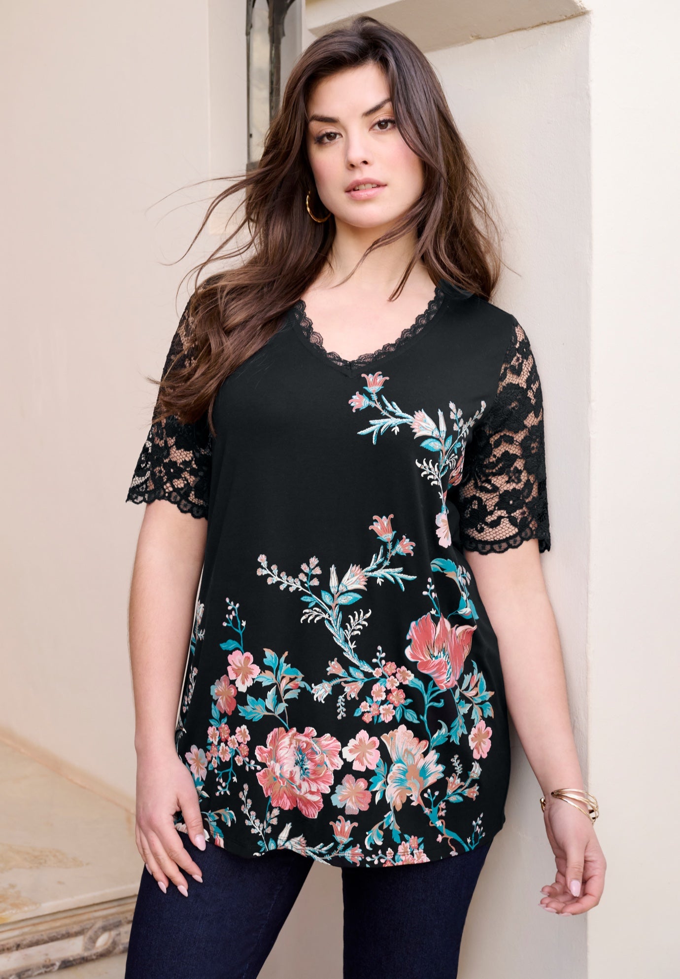 Plus Size Lace Sleeve Printed Tee image number 0