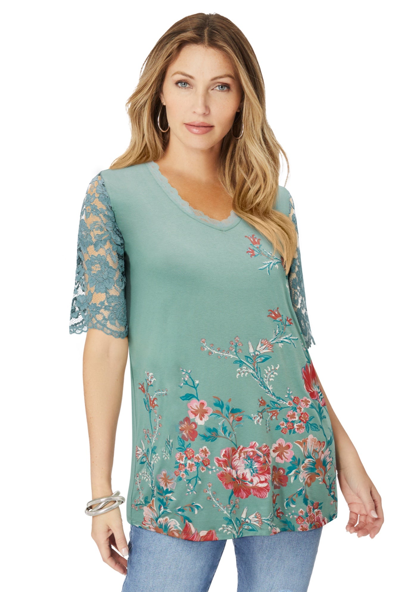 Plus Size Lace Sleeve Printed Tee image number 0