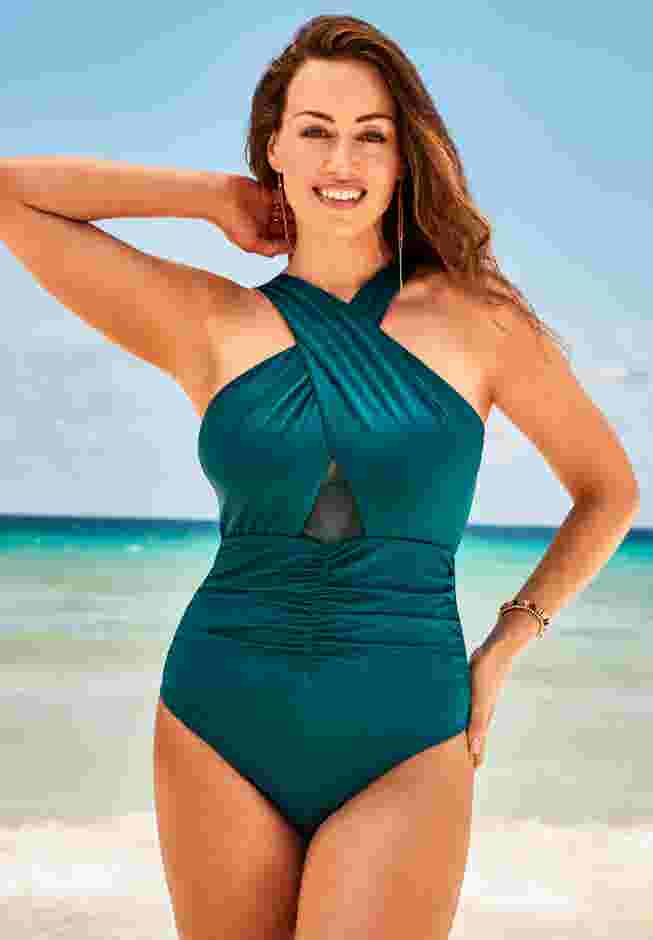 High Neck Wrap Shimmer One Piece Swimsuit image number 3
