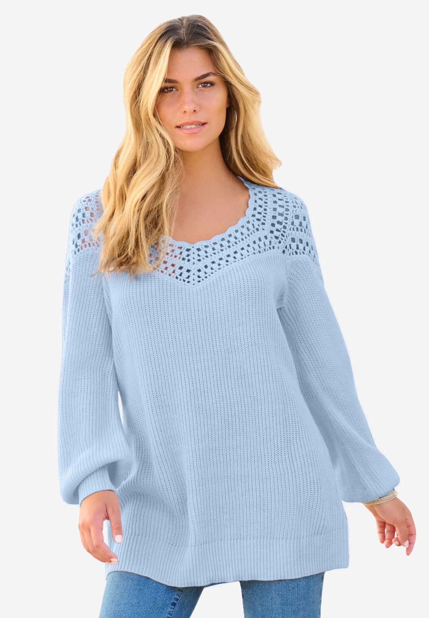 Plus Size Crochet Pullover Sweater with Sweetheart Neckline image number 0