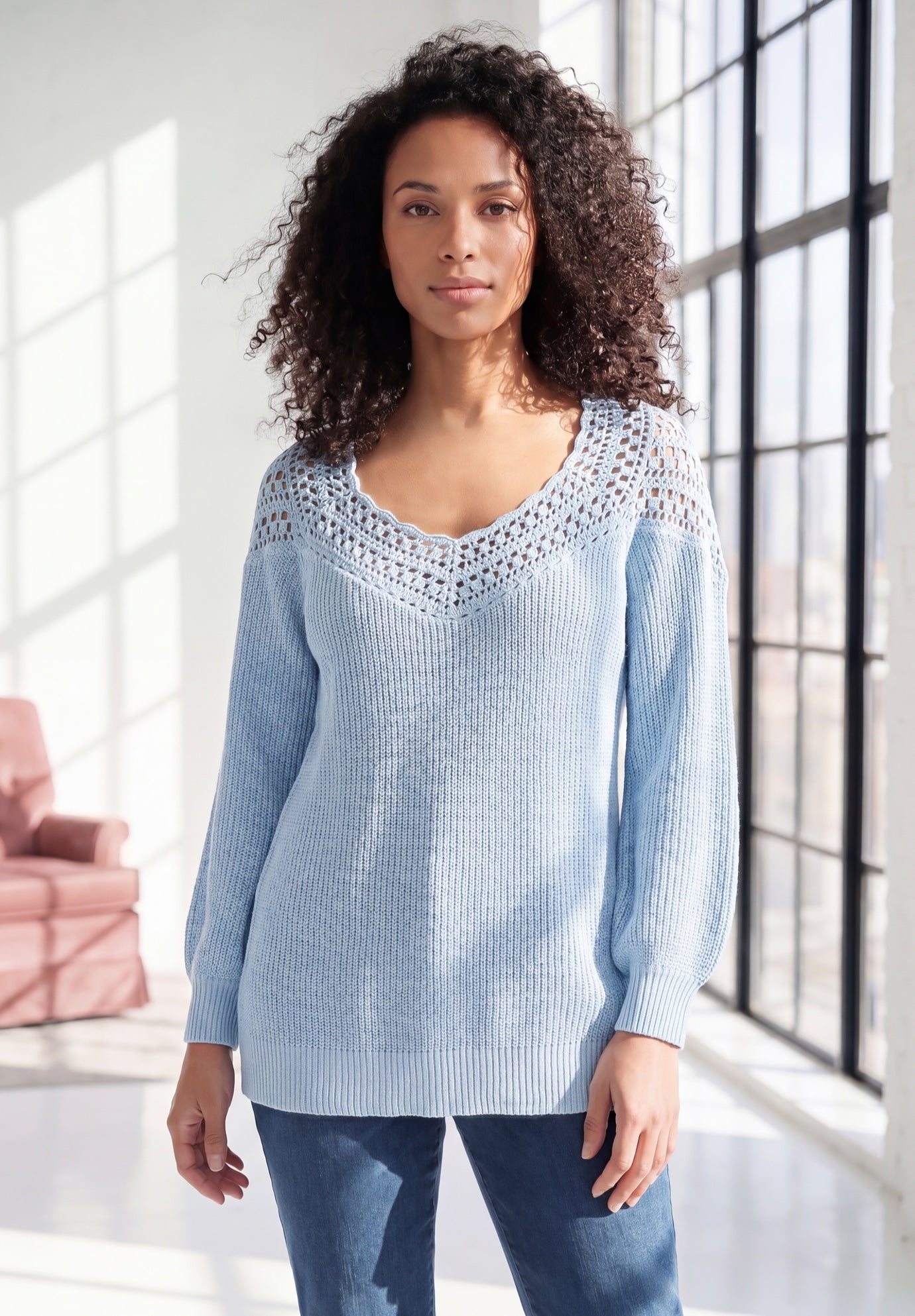 Plus Size Crochet Pullover Sweater with Sweetheart Neckline image number 0
