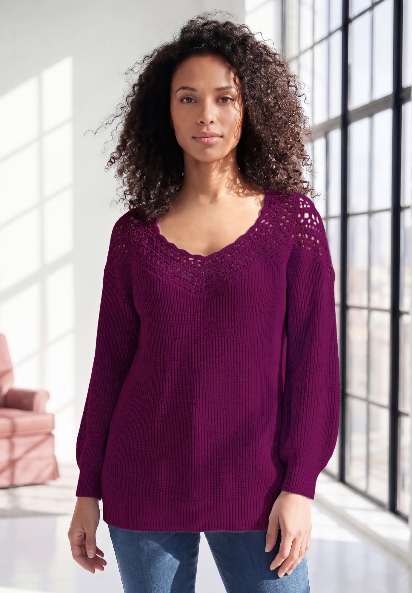Plus Size Crochet Pullover Sweater with Sweetheart Neckline image number 0