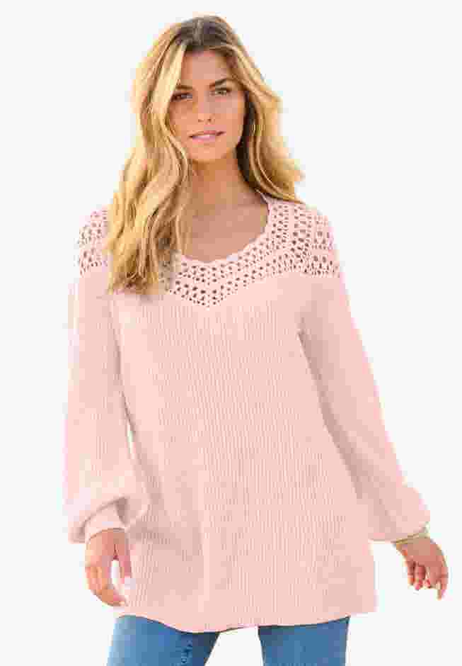 Plus Size Crochet Pullover Sweater with Sweetheart Neckline image number 0