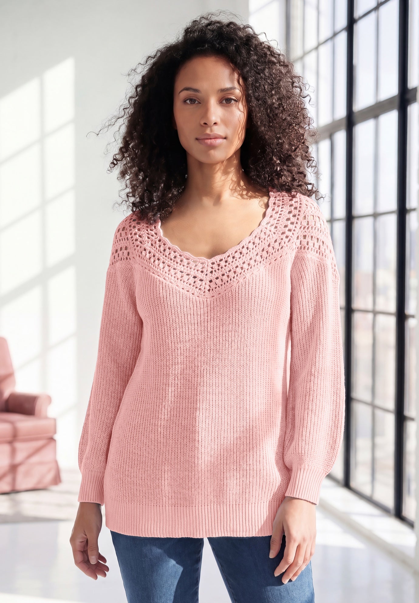 Plus Size Crochet Pullover Sweater with Sweetheart Neckline image number 0
