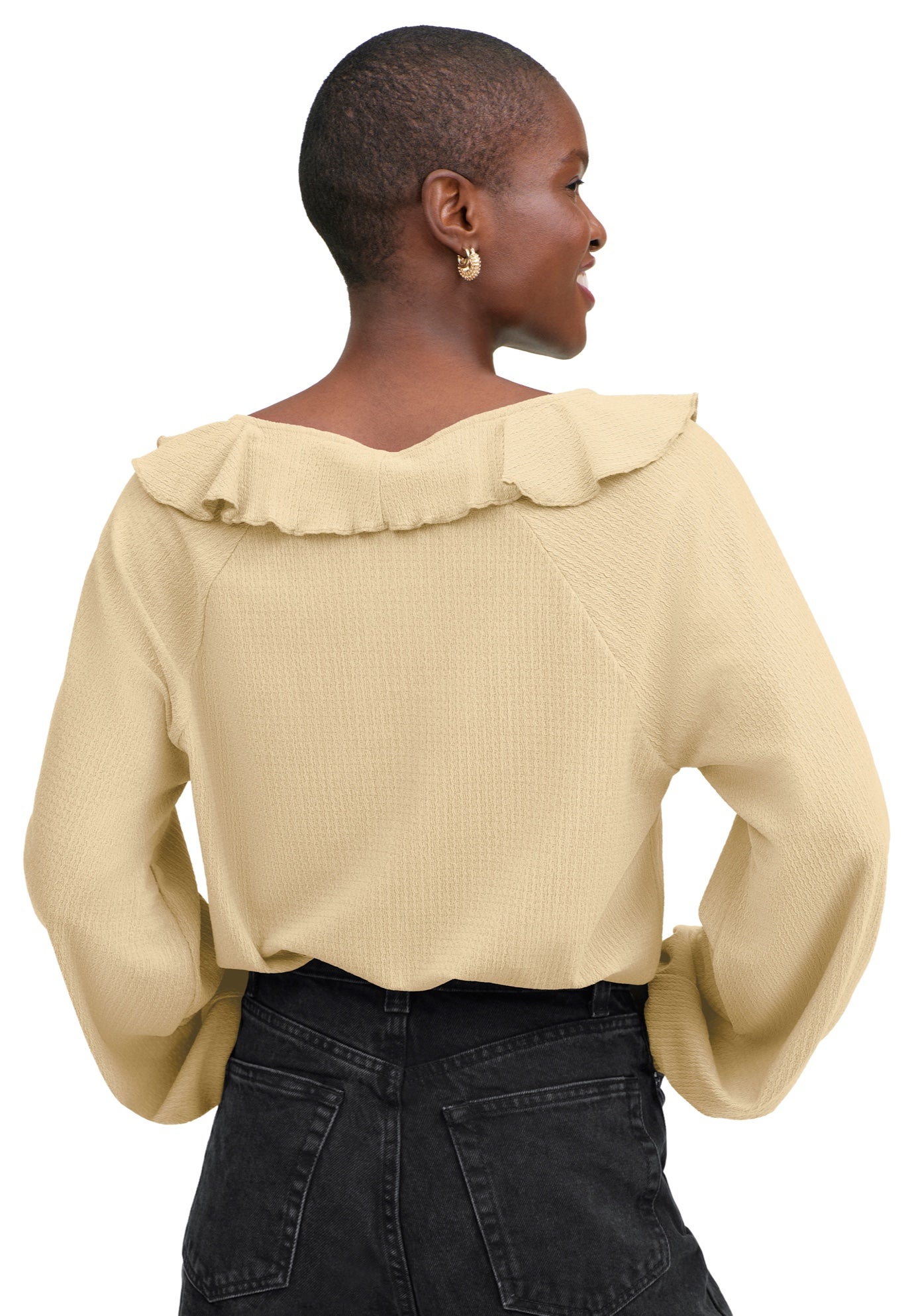 Stretch Textured Knit V-neck Ruffle Front Top image number 1