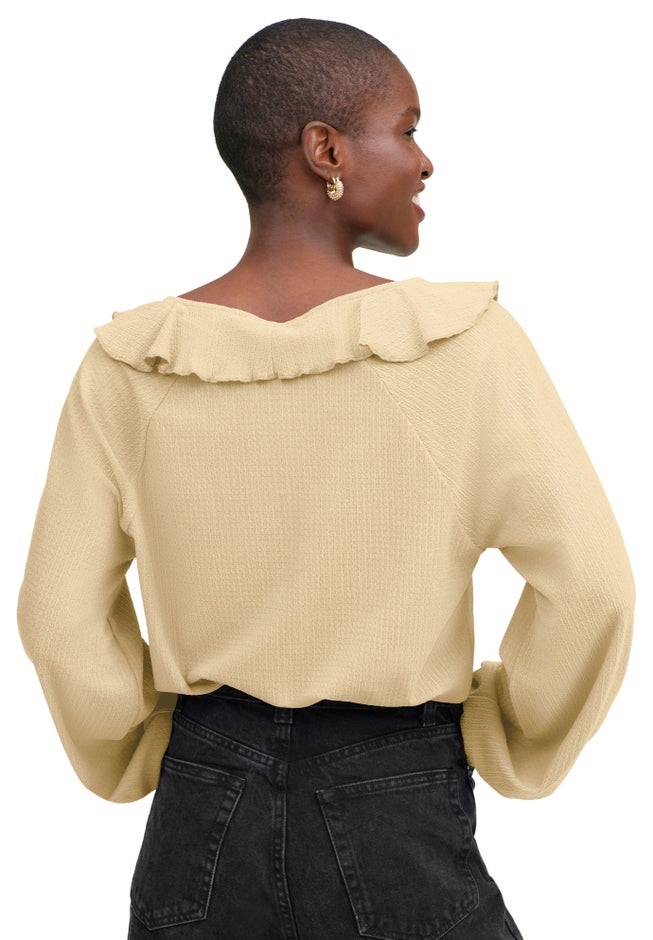 Stretch Textured Knit V-neck Ruffle Front Top image number 1