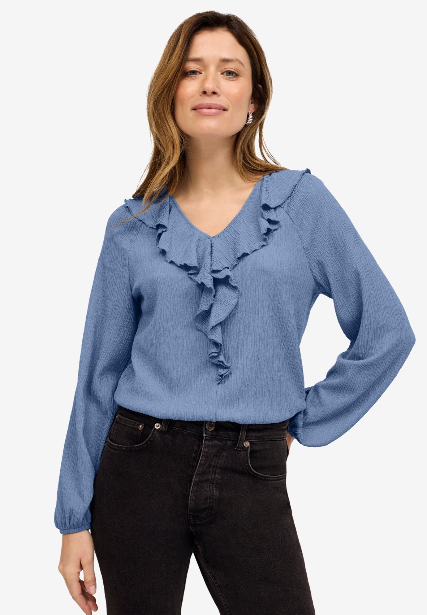 Stretch Textured Knit V-neck Ruffle Front Top image number 0