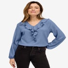 Stretch Textured Knit V-neck Ruffle Front Top image number null