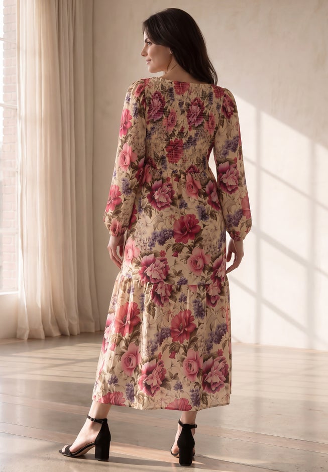Smocked Bodice Tiered Midi Dress image number 1