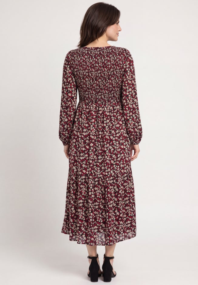 Smocked Bodice Scoopneck Long Sleeve Tiered Midi Dress image number 1