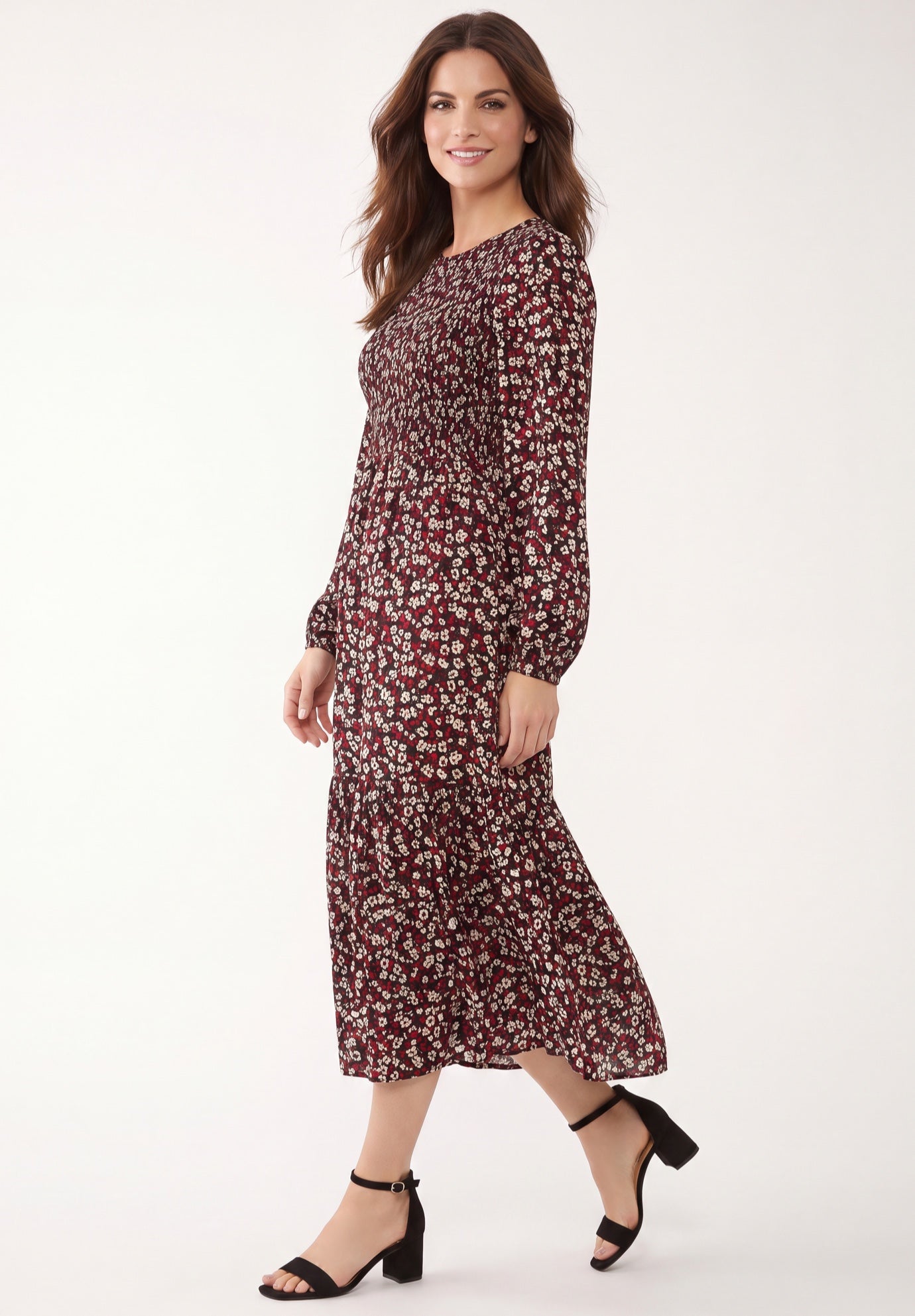 Smocked Bodice Scoopneck Long Sleeve Tiered Midi Dress image number 2