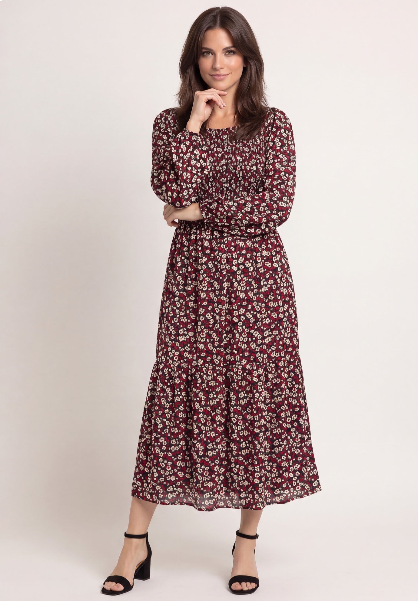Smocked Bodice Scoopneck Long Sleeve Tiered Midi Dress image number 0