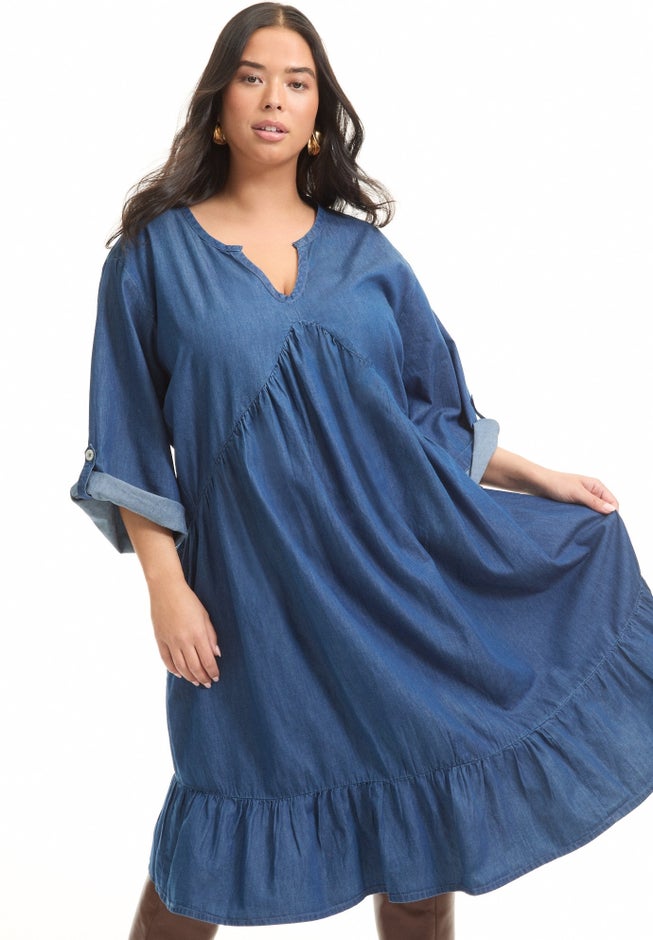 Onlshania S/L Frill DNM Dress AKM, blauw (medium blue denim), S Onlshania S/L Frill DNM Dress AKM, blauw (medium blue denim), S