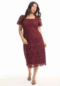 Square-Neck Lace Midi Dress