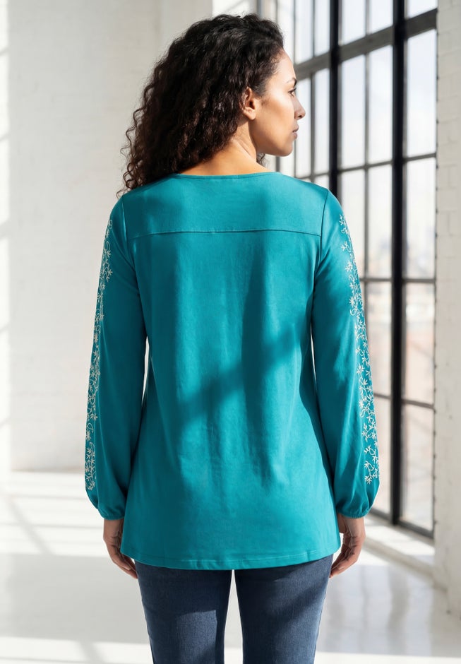  Plus Size Notch Neck Embroidered Peasant Tunic image number 1