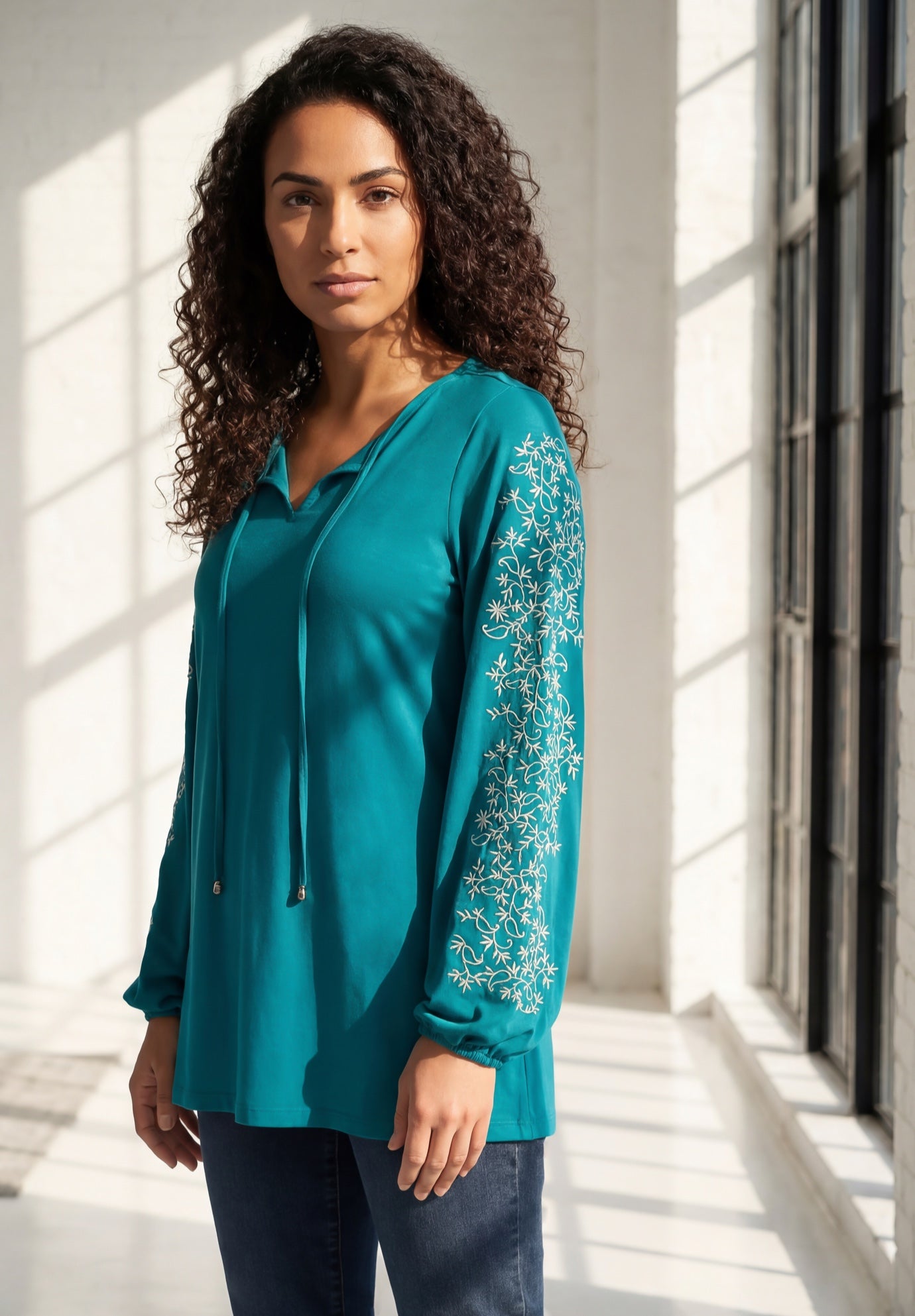  Plus Size Notch Neck Embroidered Peasant Tunic image number 0
