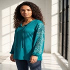  Plus Size Notch Neck Embroidered Peasant Tunic image number null