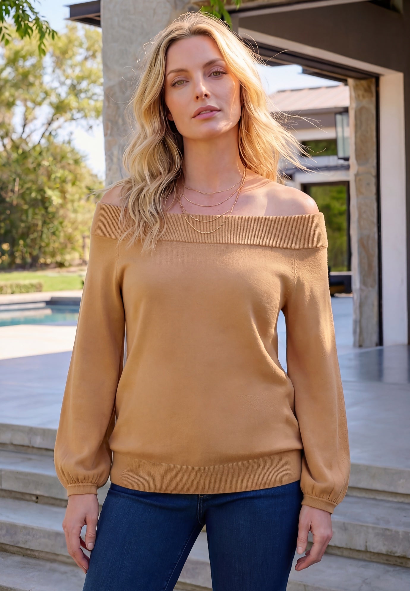 Plus Size Off-The-Shoulder Blouson Sleeve Sweater image number 0