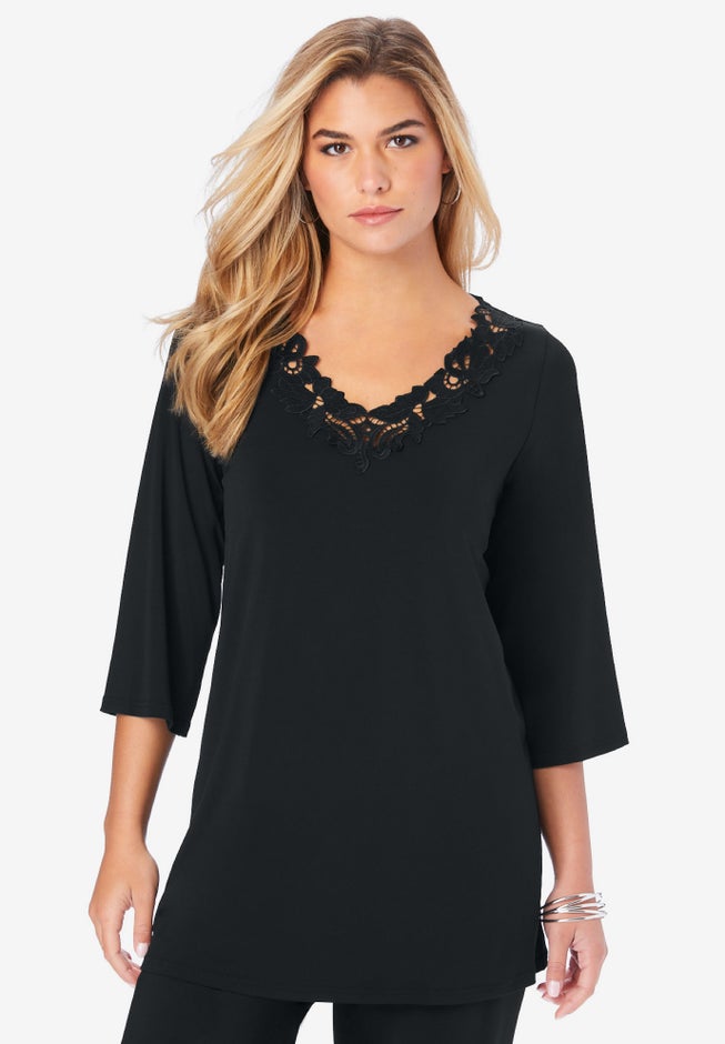 Lace V Neck Ultrasmooth® Fabric Top image number 0