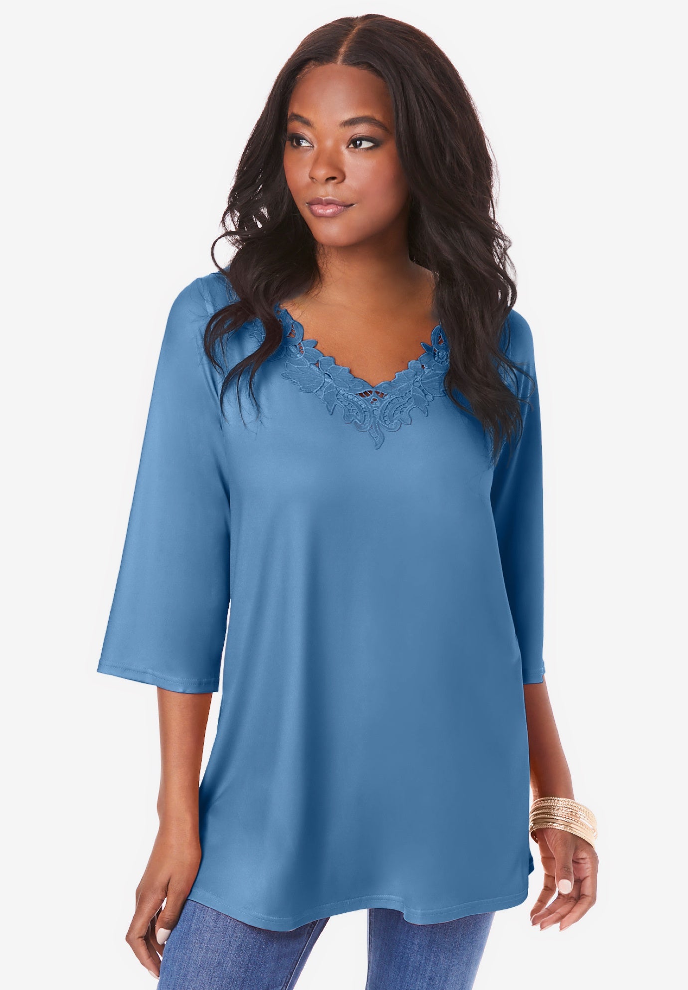 Lace V Neck Ultrasmooth® Fabric Top image number 0