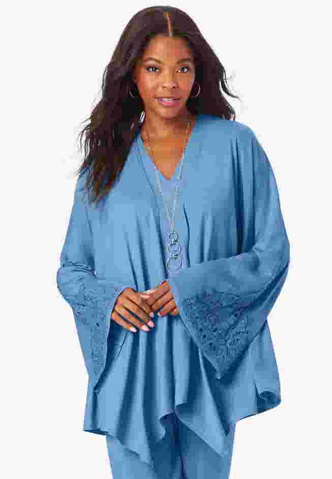 Plus-Size Tiered Short-Sleeve Ultrasmooth® Fabric and Georgette Tunic & Pants Set image number 0