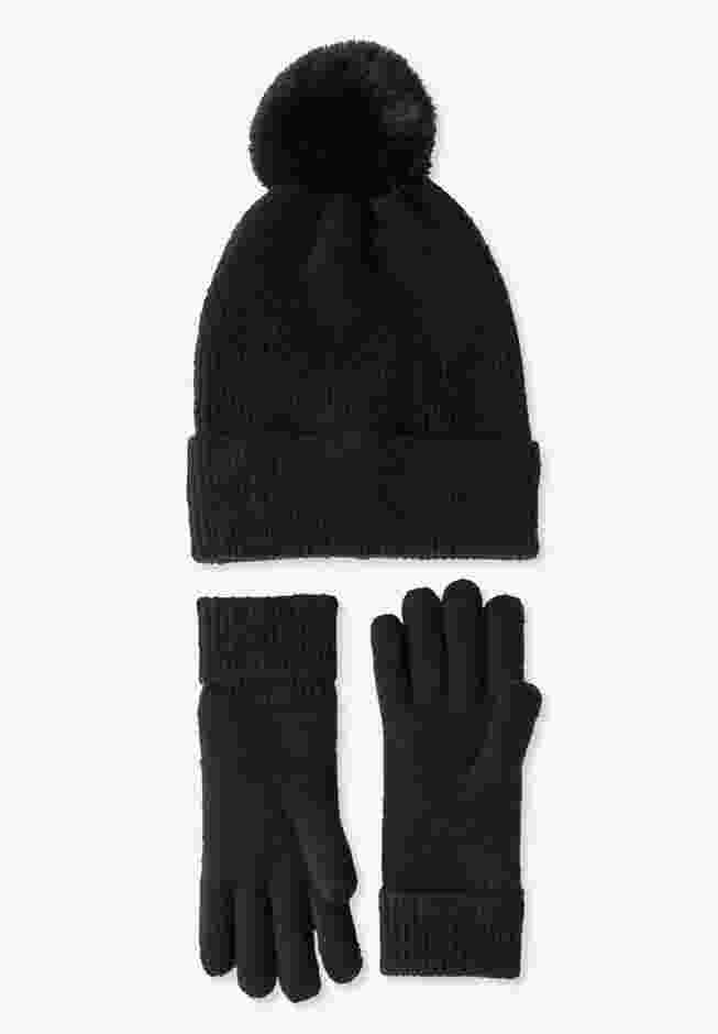 Faux Fur-Lined Beanie Hat and Glove Set. image number 1