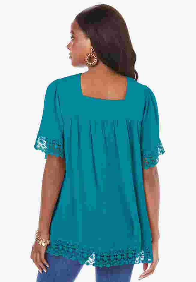 Embroidered Lace Crinkle Top image number 1
