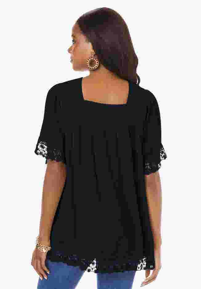 Embroidered Lace Crinkle Top image number 1