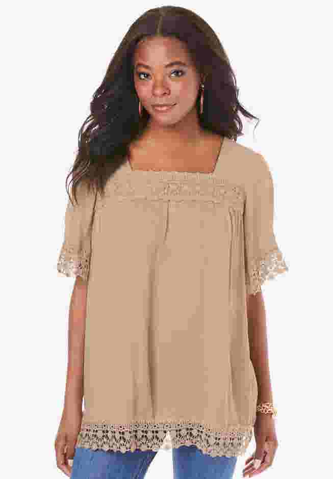 Embroidered Lace Crinkle Top image number 0