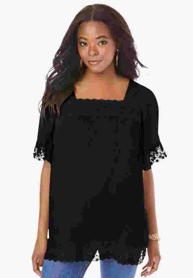 Embroidered Lace Crinkle Top image number 0