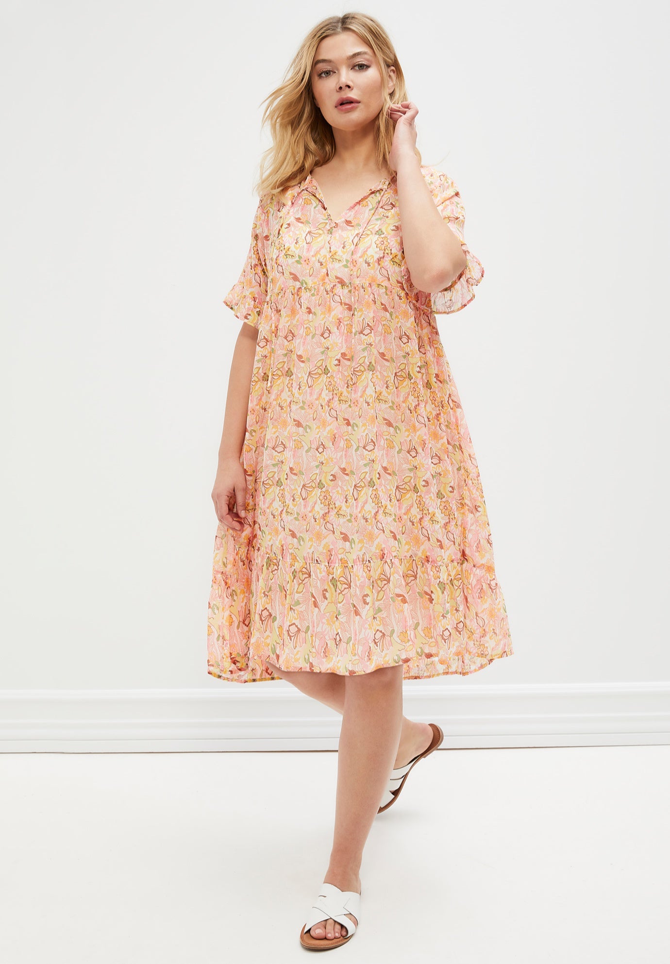 Sheer Ruffle Trim Dress With Keyhole Neckline image number 2