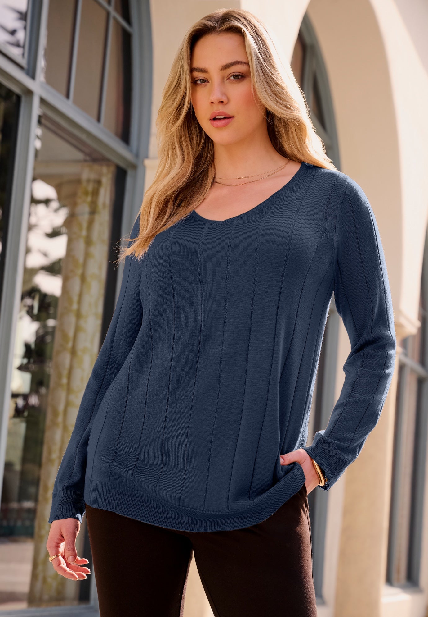 Plus Size Drop Needle V-Neck Lightweight Sweater Knit image number 0