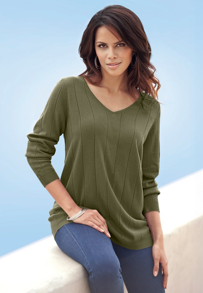Plus Size Drop Needle V-Neck Lightweight Sweater Knit image number 0