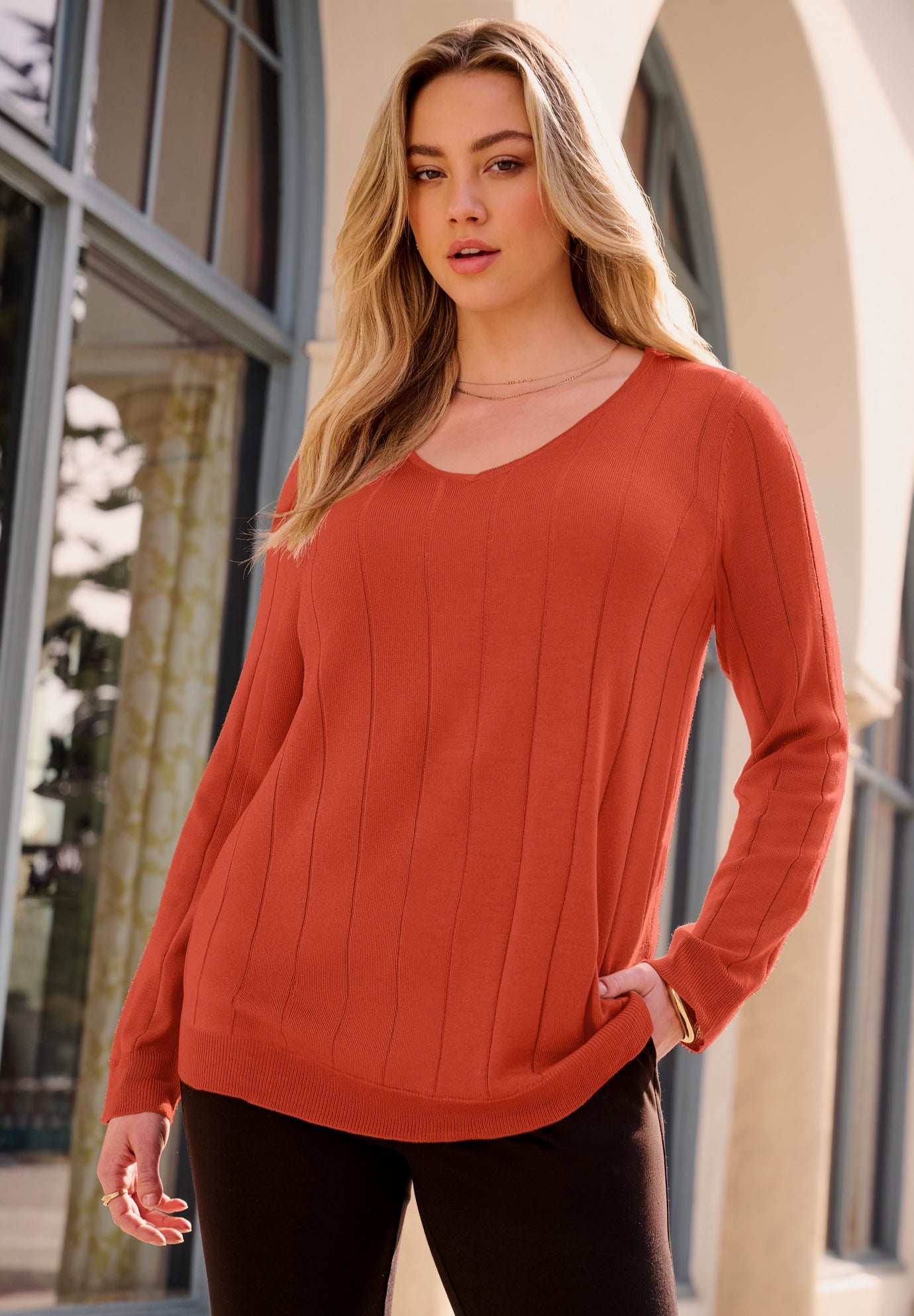 Plus Size Drop Needle V-Neck Lightweight Sweater Knit image number 0