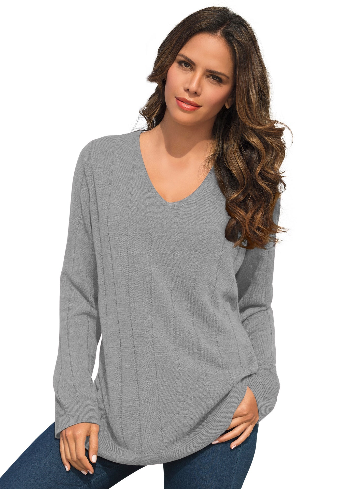 Plus Size Drop Needle V-Neck Lightweight Sweater Knit image number 0