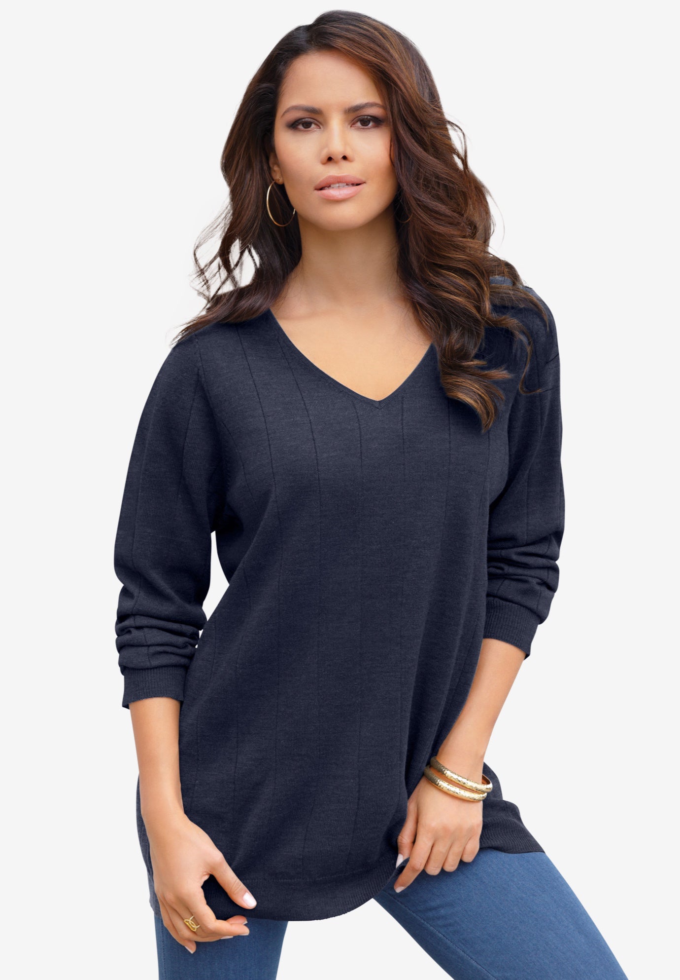 Plus Size Drop Needle V-Neck Lightweight Sweater Knit image number 1