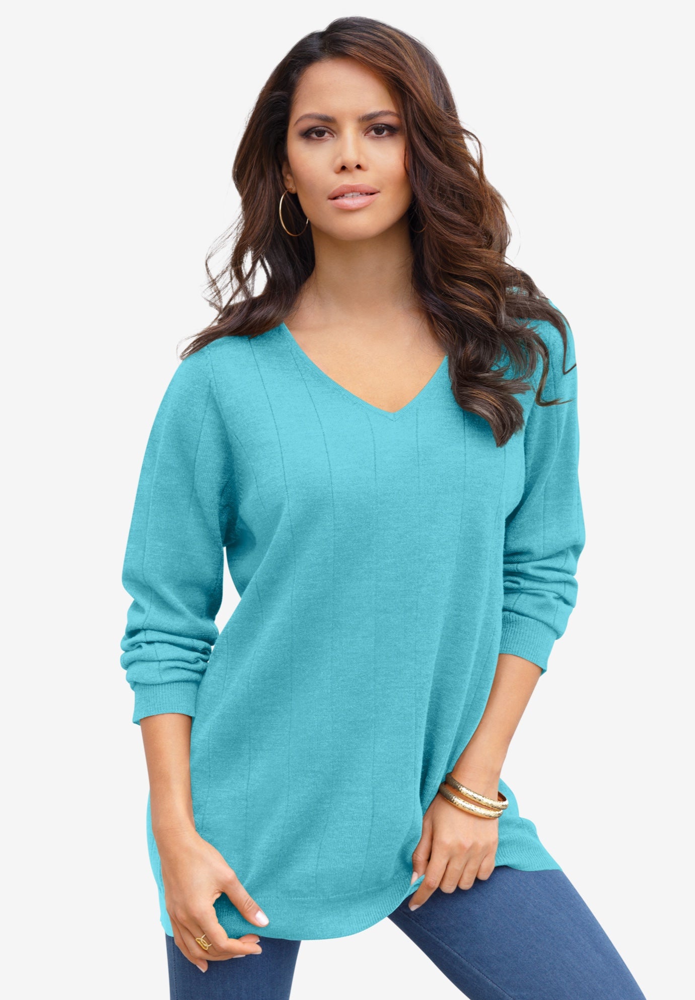 Plus Size Drop Needle V-Neck Lightweight Sweater Knit image number 1
