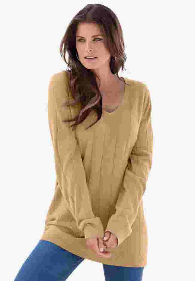 Plus Size Drop Needle V-Neck Lightweight Sweater Knit image number 0