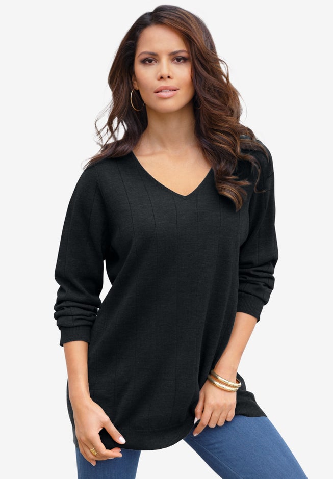 Plus Size Drop Needle V-Neck Lightweight Sweater Knit image number 0