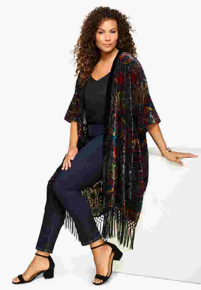 Burnout Velvet Fringed Kimono image number 3