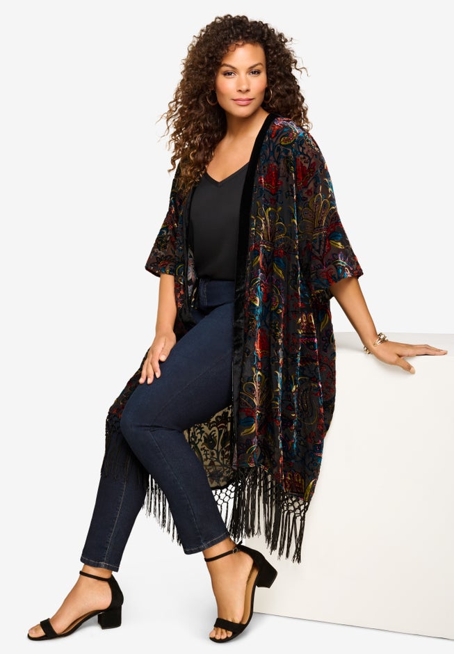 Burnout Velvet Fringed Kimono image number null