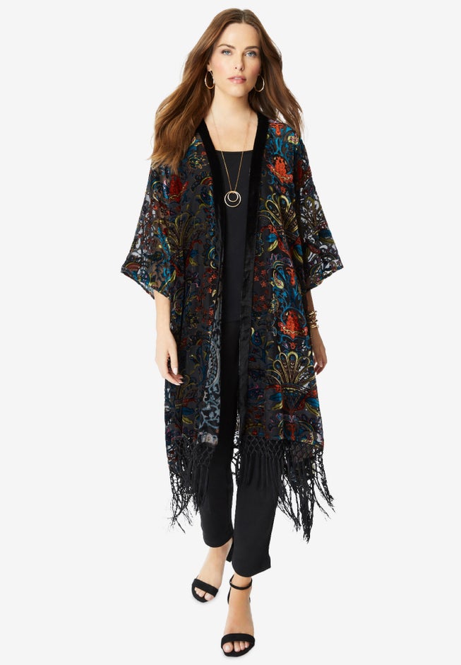 Burnout Velvet Fringed Kimono image number null
