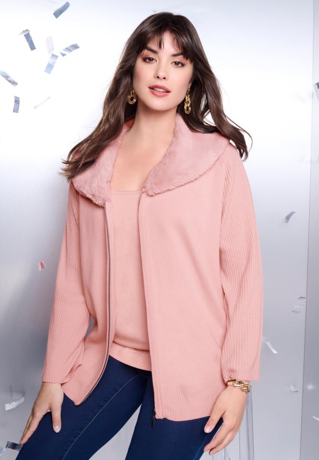 Faux Fur Collar Cardigan Sweater. image number 0